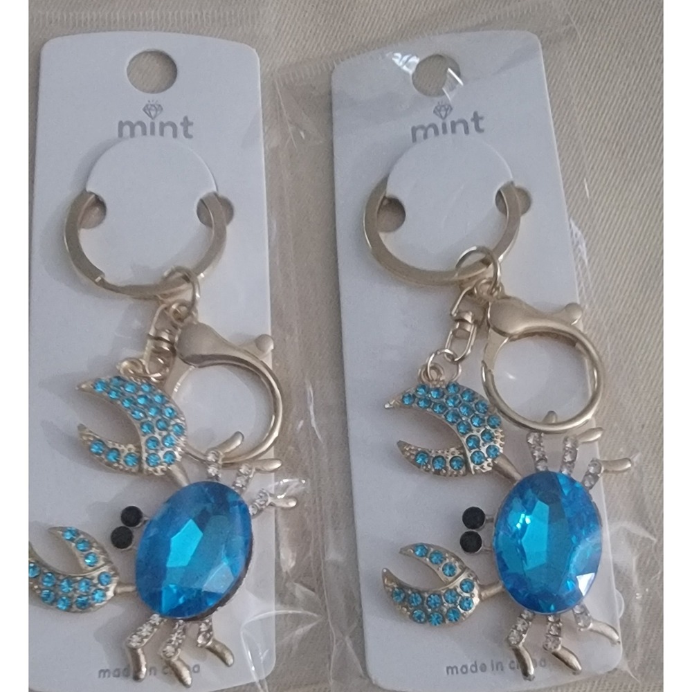 Mint Blue Rhinestone Crab Keychain Gold Tone Nautical Bag Charm 7.00 Each‎